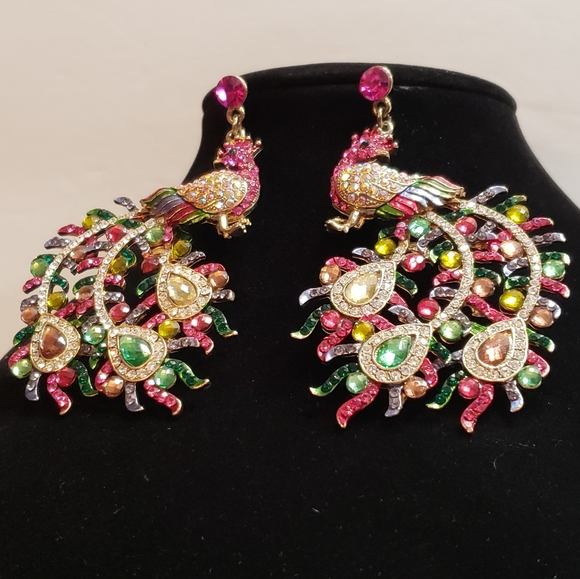 Large Beautiful Rhinestone Peacock Statement Earrings - Picture 2 of 12